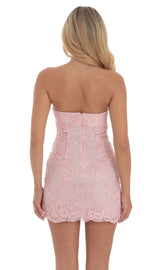 Embroidered Floral Strapless Dress in Pink